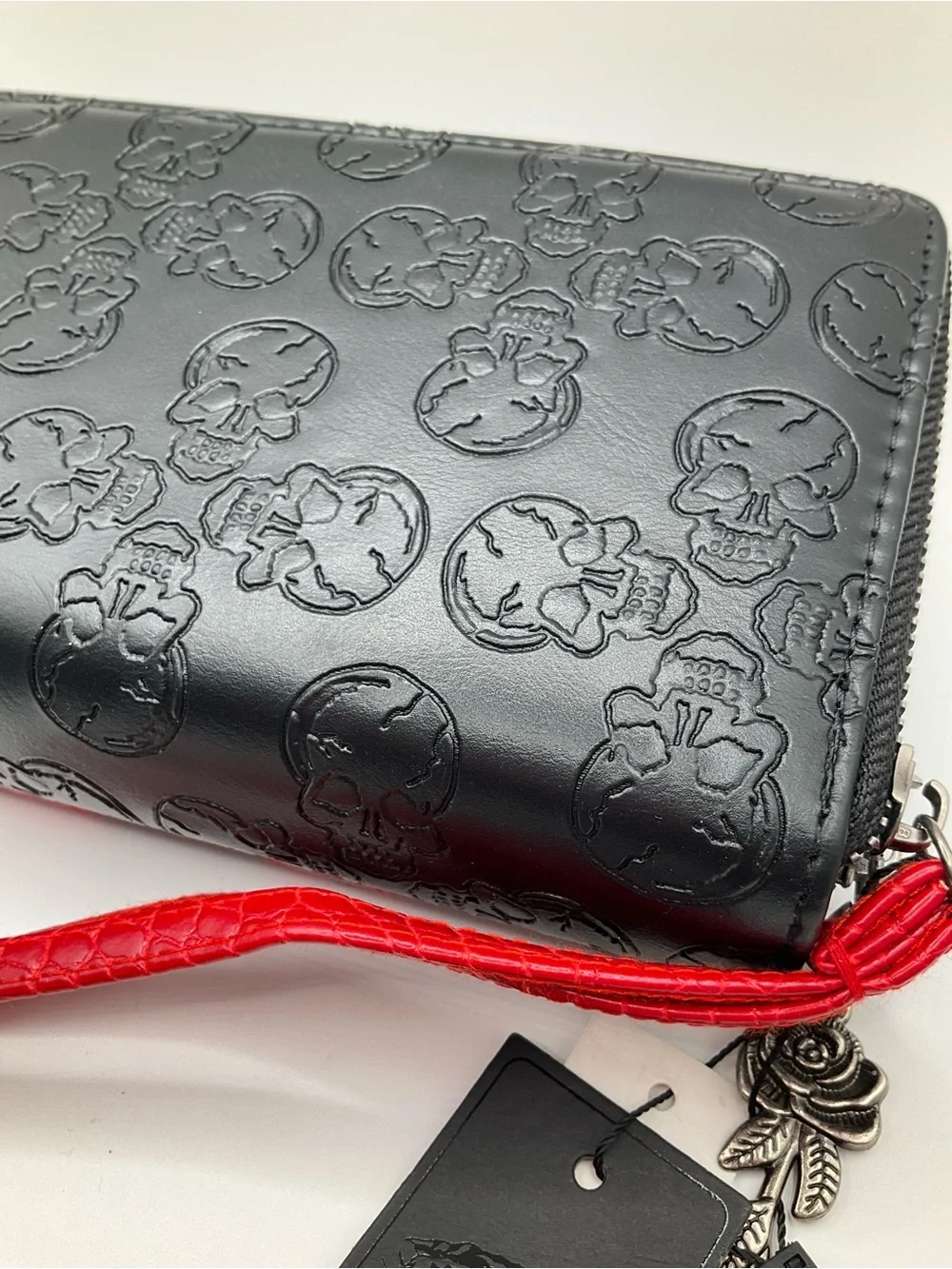 NWT Ed Hardy Black and Red Skull-Embossed Wristlet Wallet Biker Grunge Goth